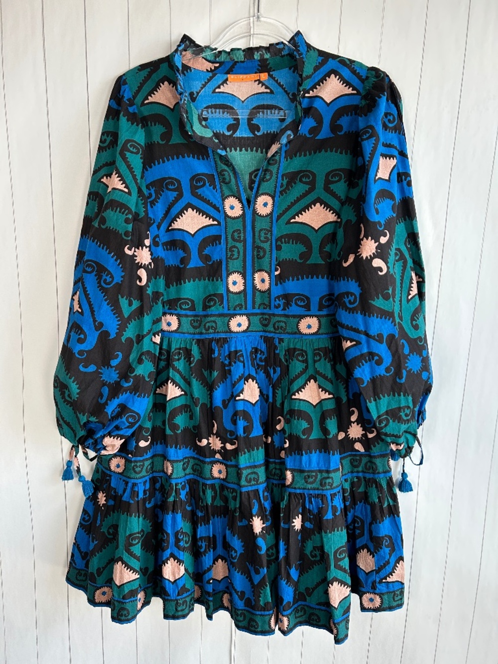 Oliphant size L short dress tiered long sleeve cotton blue black printed boho